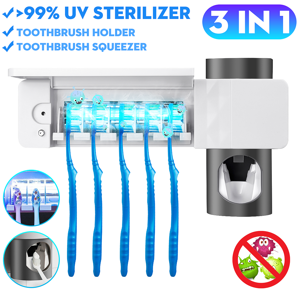 UV Light Sterilizer Toothbrush Holder Cleaner /& Automatic Toothpaste Dispenser